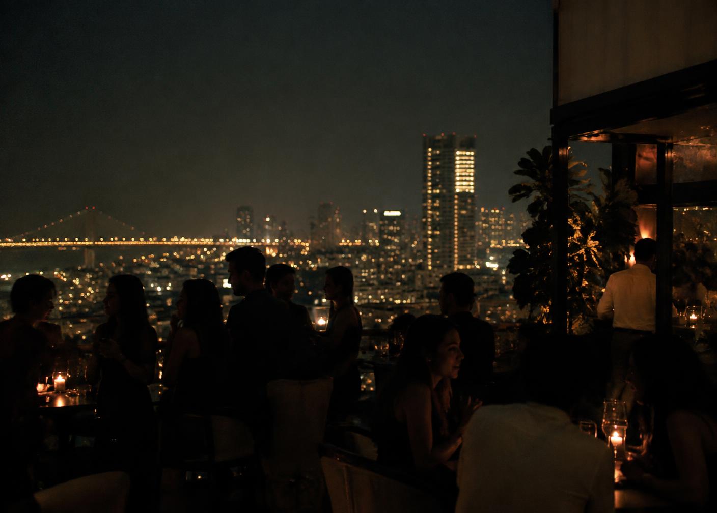 Rooftop bar at night above a city skyline